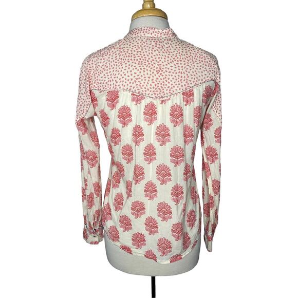 SUNDANCE Rosalie Pink Ivory Block Print Floral Button Down Blouse Size XS - Picture 3 of 10